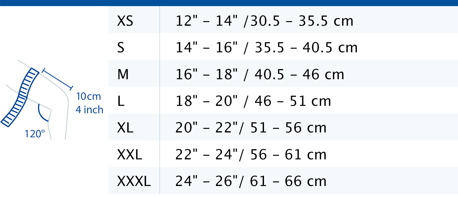 Size chart showing measurements for Actimove Sports Edition Knee Support Open Patella
 Size chart showing measurements for Actimove Sports Edition Knee Support Open Patella